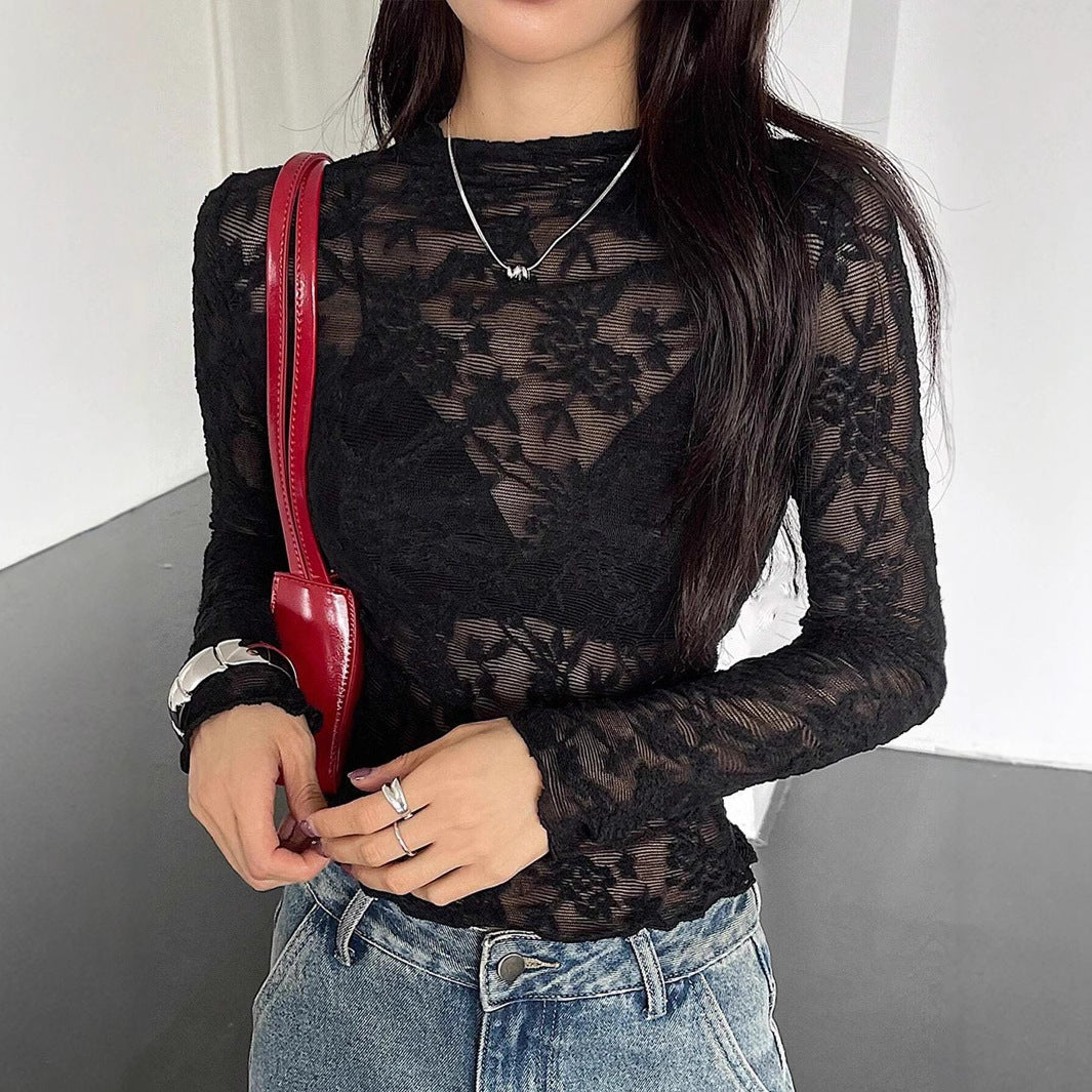 Damen nan eng anliegendes Spitzen-Langarmshirt mit floraler Ajour-Spitze, leicht transparent und Stehkragen Echo Archiv