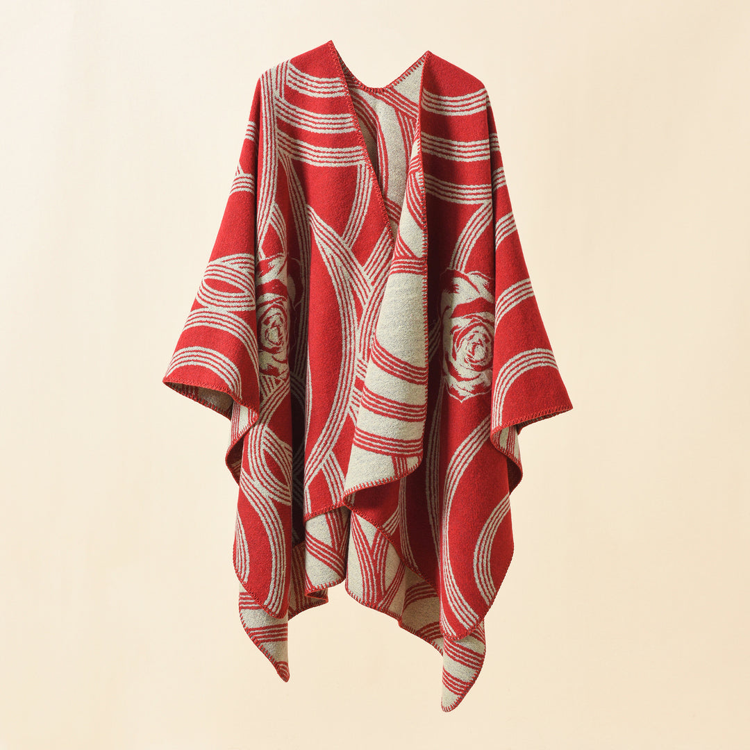 Damen Reversfreier Jacquard-Umhang im kastigen Oversize mit abstraktem Medaillonmuster Echo Archiv