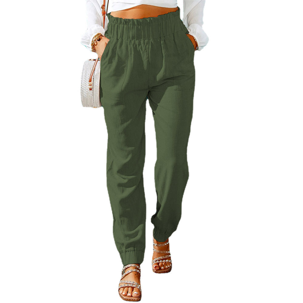 Damen Hochtaillierte Leinenoptik-Joggerhose mit elastischem Rüschbund und Eingrifftaschen Echoarchiv