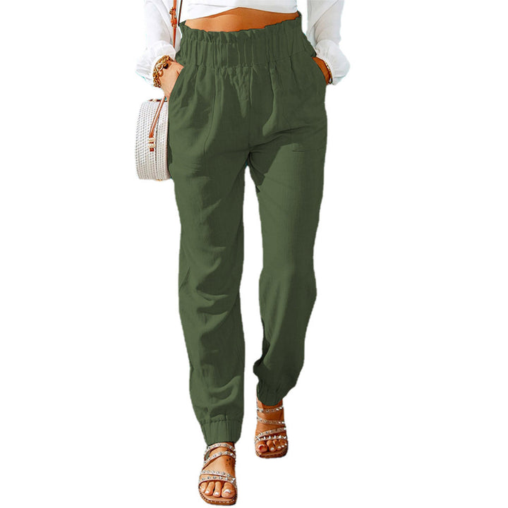 Damen Hochtaillierte Leinenoptik-Joggerhose mit elastischem Rüschbund und Eingrifftaschen Echoarchiv
