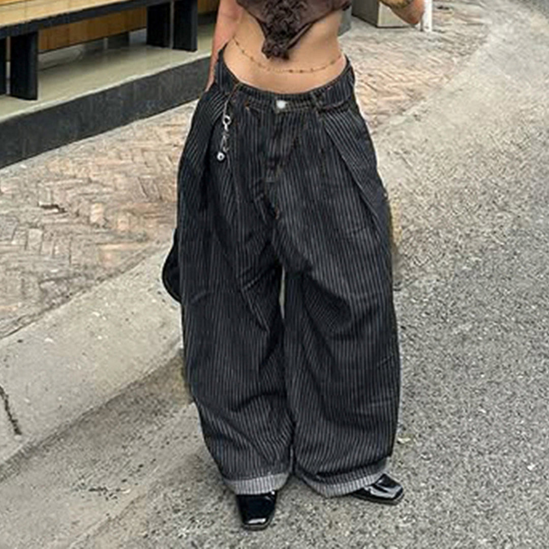 Damen Weite Hochtaillierte Streifenjeans Echo Archiv