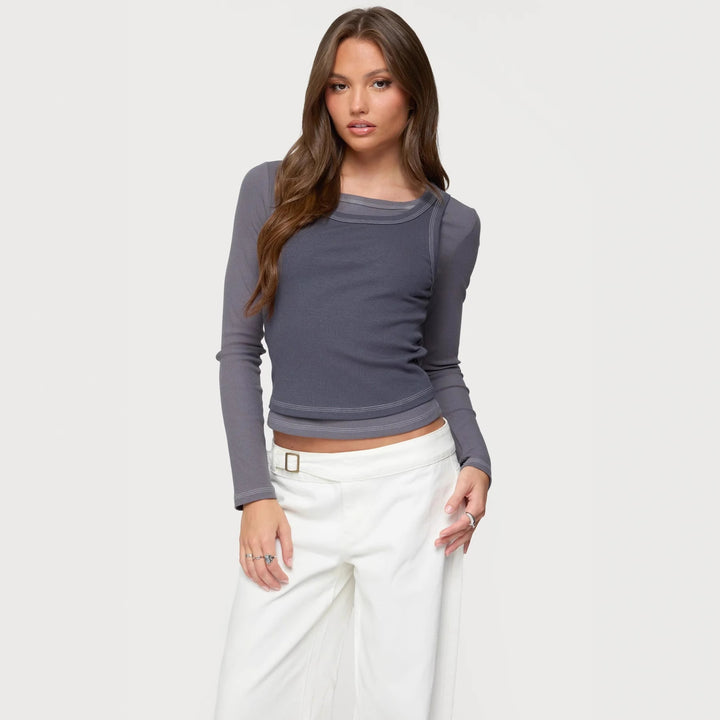 Damen Langarm-Crop-Top mit modischem Farbkontrast und nahtloser Verarbeitung Echo Archiv