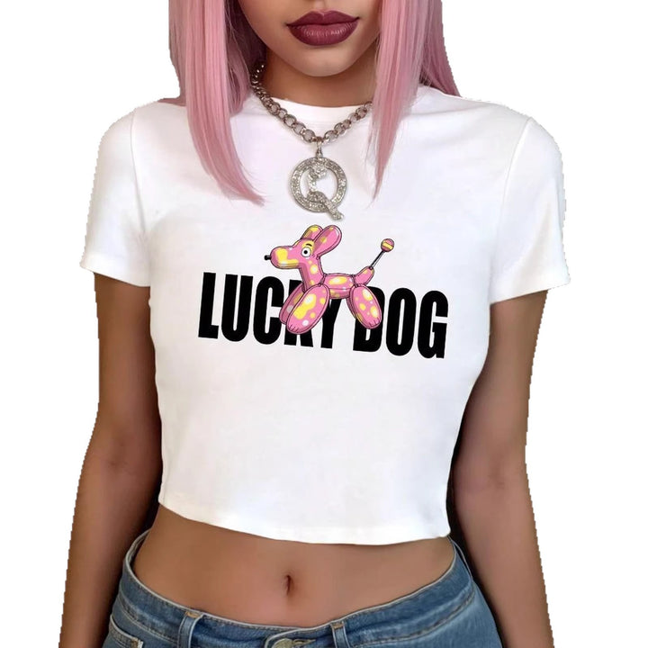 Damen Crop-Top T-Shirt mit lustigem Ballonhund-Design Echo Archiv