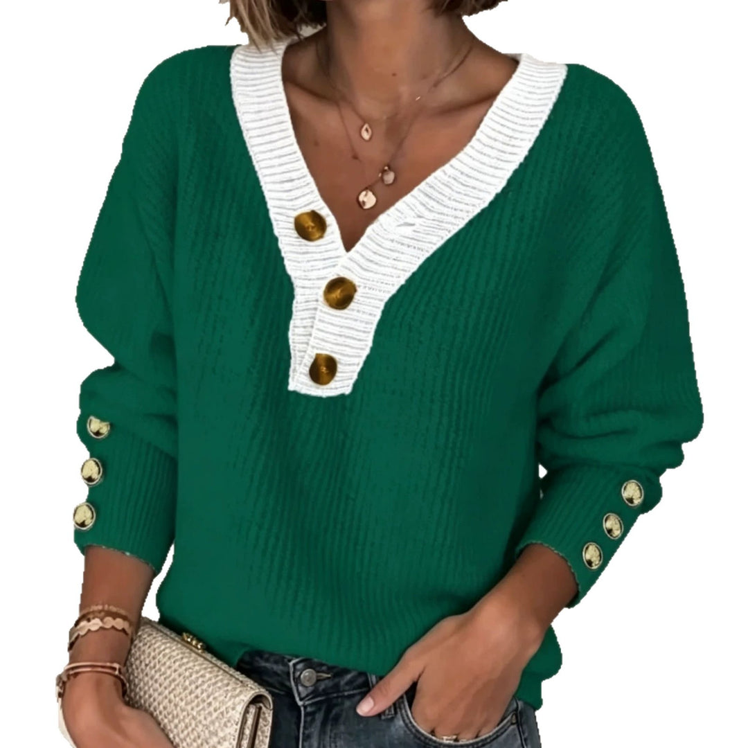 Damen Feinstrickpullover mit tiefem V-Ausschnitt, kontrastierter Knopfleiste und Zierknopf-Ärmeln – Mavelle
