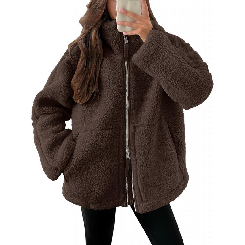 Damen Kuschelige Teddyfelljacke mit hohen Kragen und Reißverschluss Echoarchiv