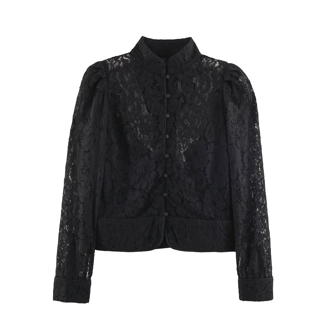 Damen Transparente Spitzenbluse mit Stehkragen, Puffärmeln und Manschetten Echoarchiv