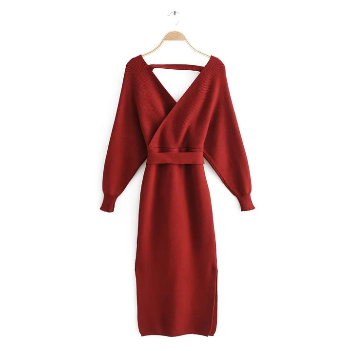 Damen nan gestricktes Wickelkleid mit Bindegürtel und V-Ausschnitt Echo Archiv