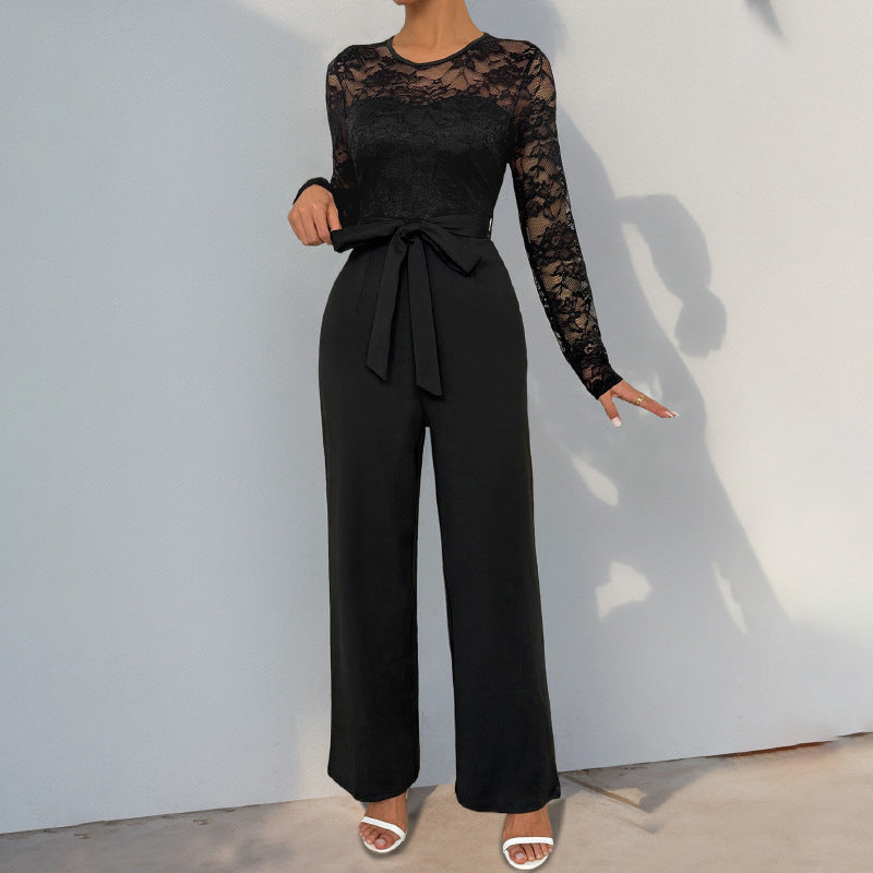 Damen Spitzen-Einteiler mit Taillengürtel und weitem Bein – Solévia