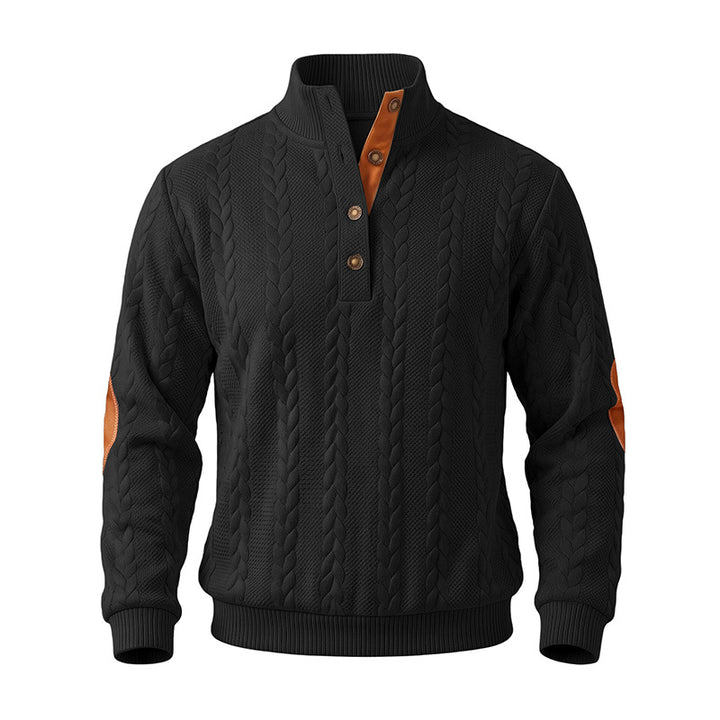 Herren Troyer-Pullover mit Zopfmuster, Ellbogen‑Patches und kontrastierter Knopfleiste Echoarchiv