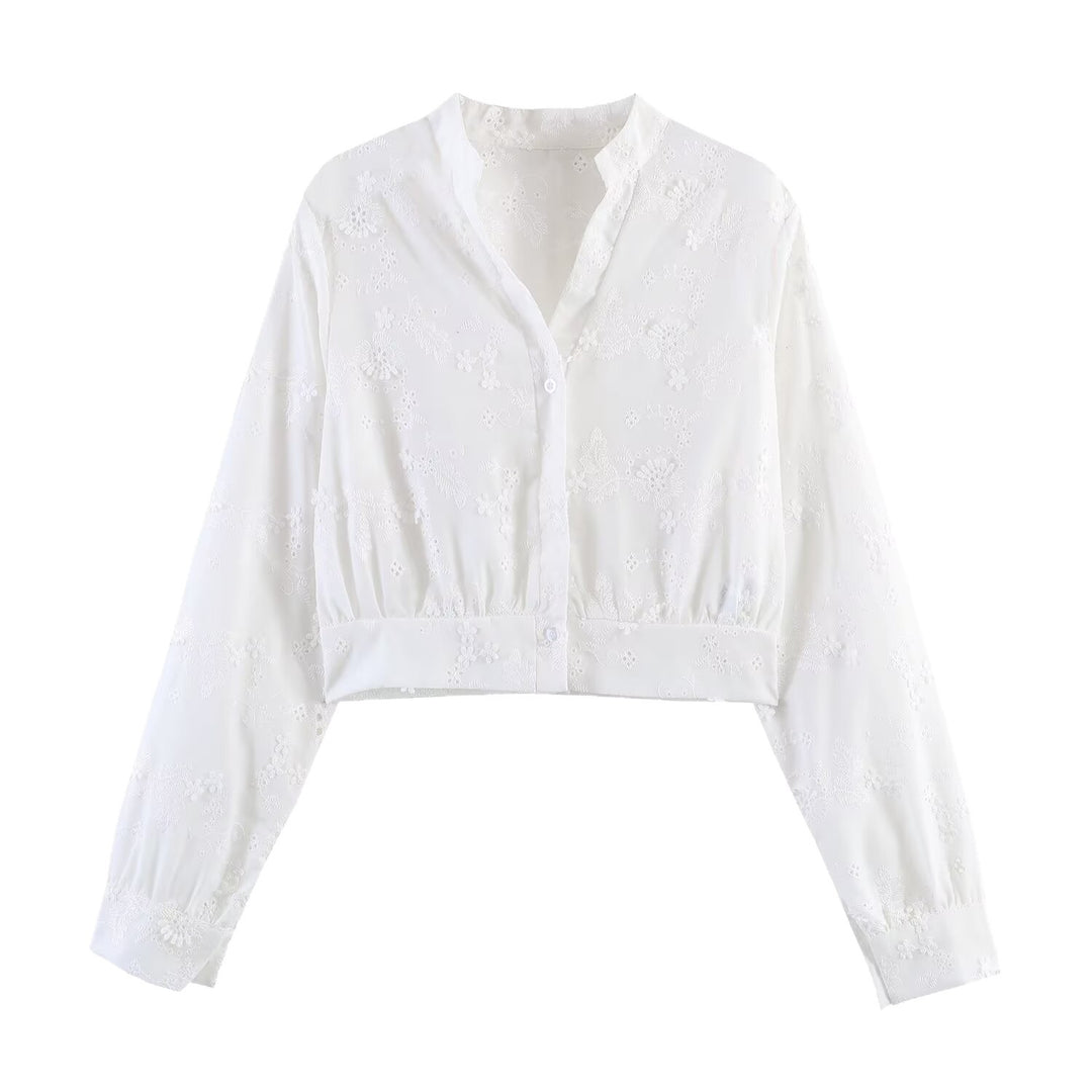 Damen Bestickte Cropped-Bluse mit Stehkragen, Lochstickerei und tailliertem Bund Echoarchiv