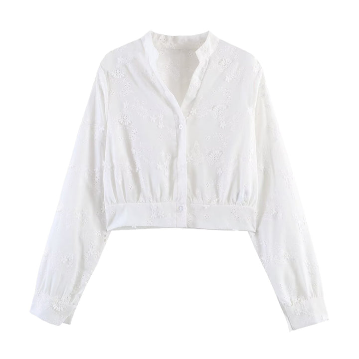 Damen Bestickte Cropped-Bluse mit Stehkragen, Lochstickerei und tailliertem Bund Echoarchiv