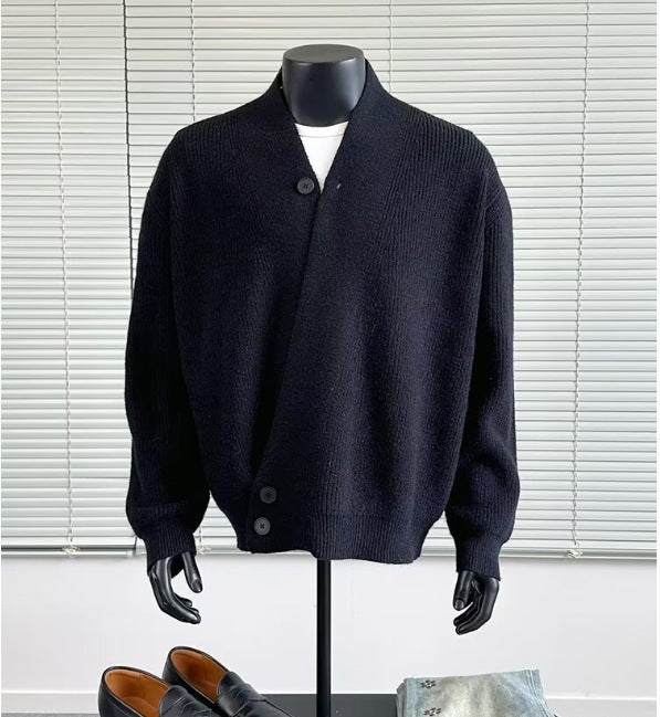Herren Grobstrick-Cardigan im Oversize-Schnitt mit Schalkragen und asymmetrischer 3-Knopfleiste – Terenzo