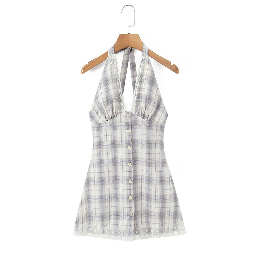 Damen Halterkleid mit floralem Spitzenbesatz und Knopfleiste Echo Archiv