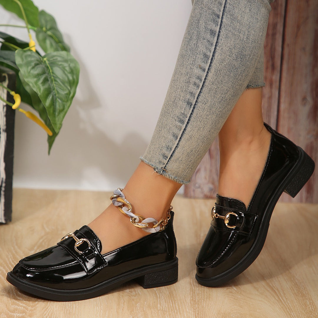 Damen Lackleder-Plateau-Loafer mit goldener Horsebit-Detail und niedrigem Blockabsatz Echo Archiv