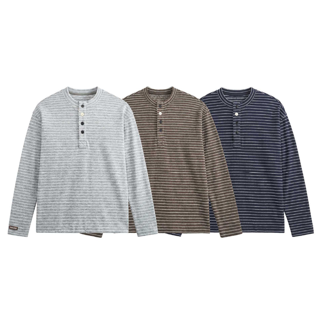 Herren Langärmeliges Henley-Shirt aus Feinstrick mit Streifenstruktur Echoarchiv
