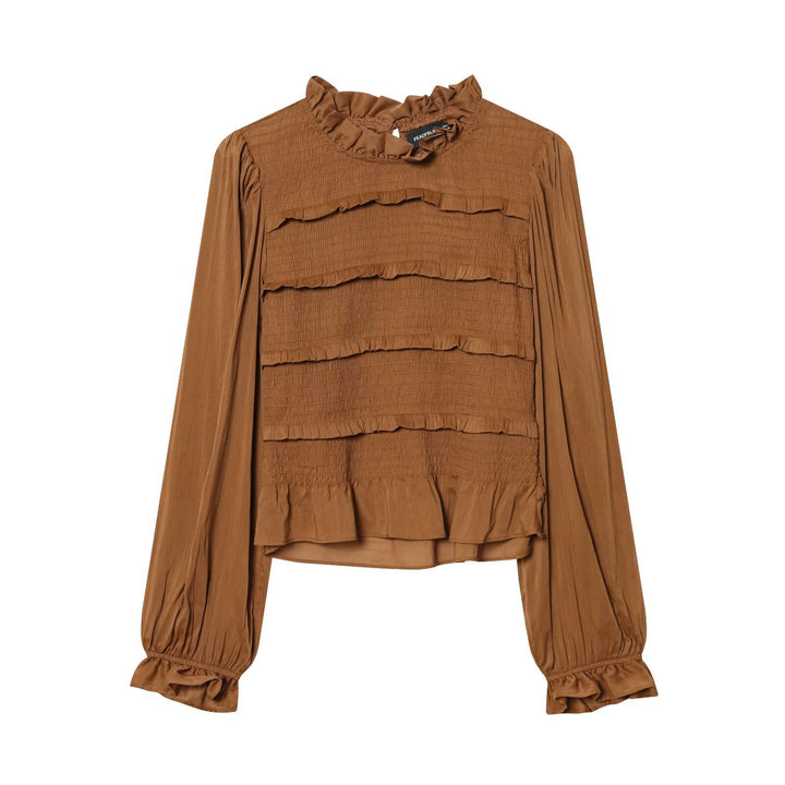 Damen Rüschenbluse mit smock‑Tiers, Stehkragen und weiten Ballonärmeln Echo Archiv