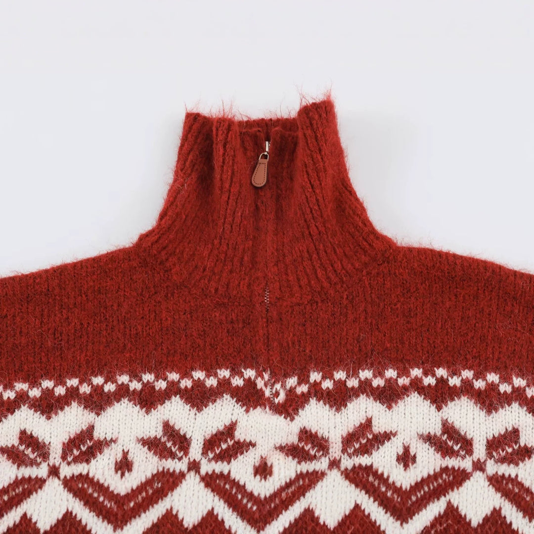 Damen Norwegermuster Strickpullover mit halbem Reißverschluss und Stehkragen Echoarchiv