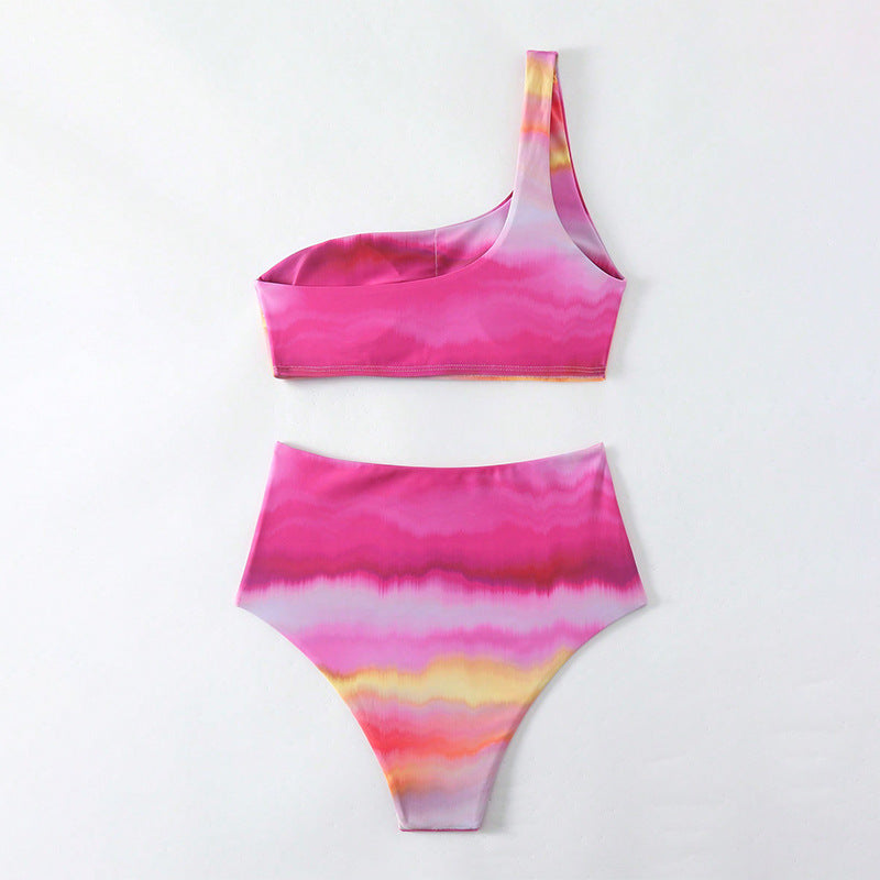 Damen Hoch tailliertes Bikini-Set mit asymmetrischem Oberteil und farbenfrohem Design Echo Archiv