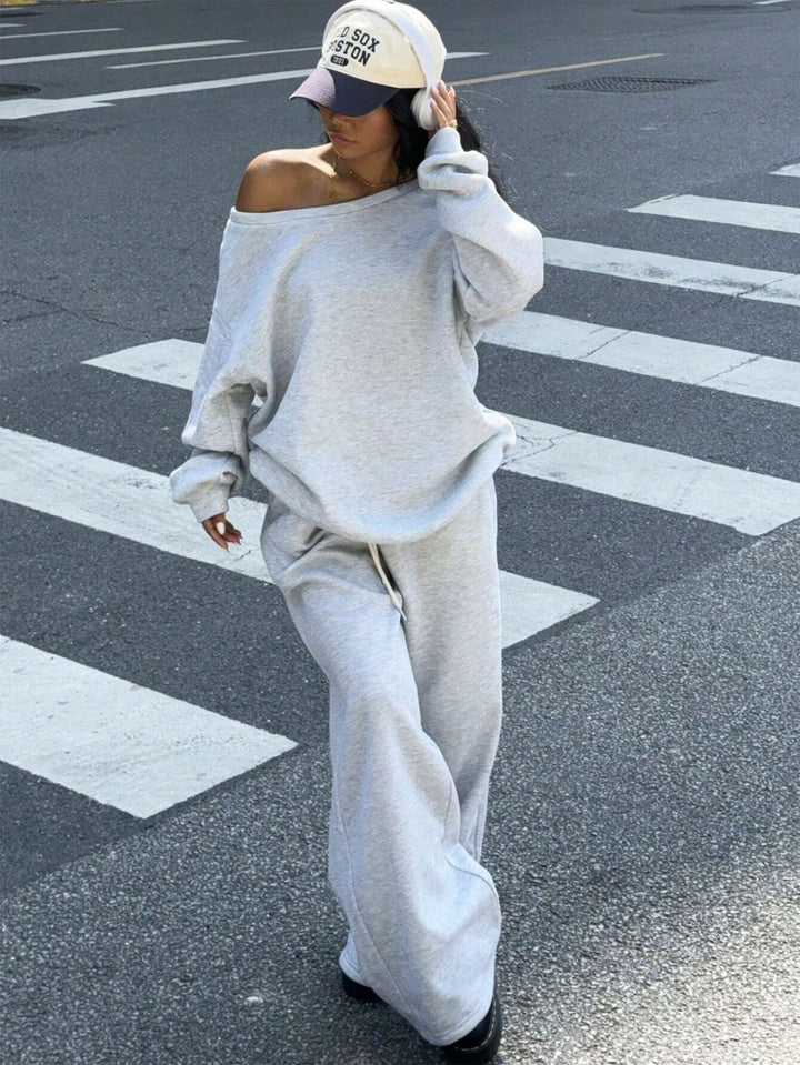 Damen Oversized Off-Shoulder-Sweatset mit weiter Jogginghose und lässiger Passform – Avérine