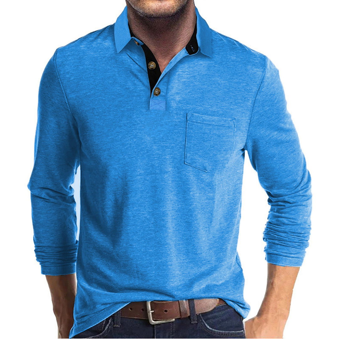 Herren langärmliges Polohemd mit Brusttasche, Kontrastknopfleiste und legerer Stretch-Passform – Cavello