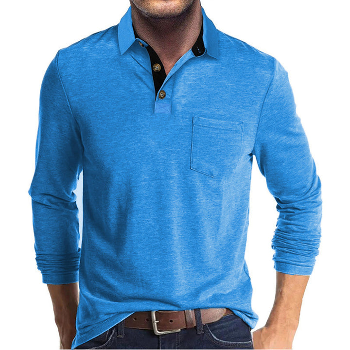 Herren langärmliges Polohemd mit Brusttasche, Kontrastknopfleiste und legerer Stretch-Passform – Cavello