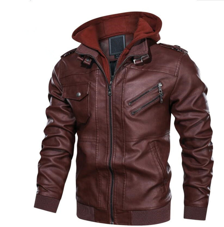 Herren Kunstleder-Bomberjacke mit integrierter Kapuze und Mehrfach-Ziptaschen – Brevano
