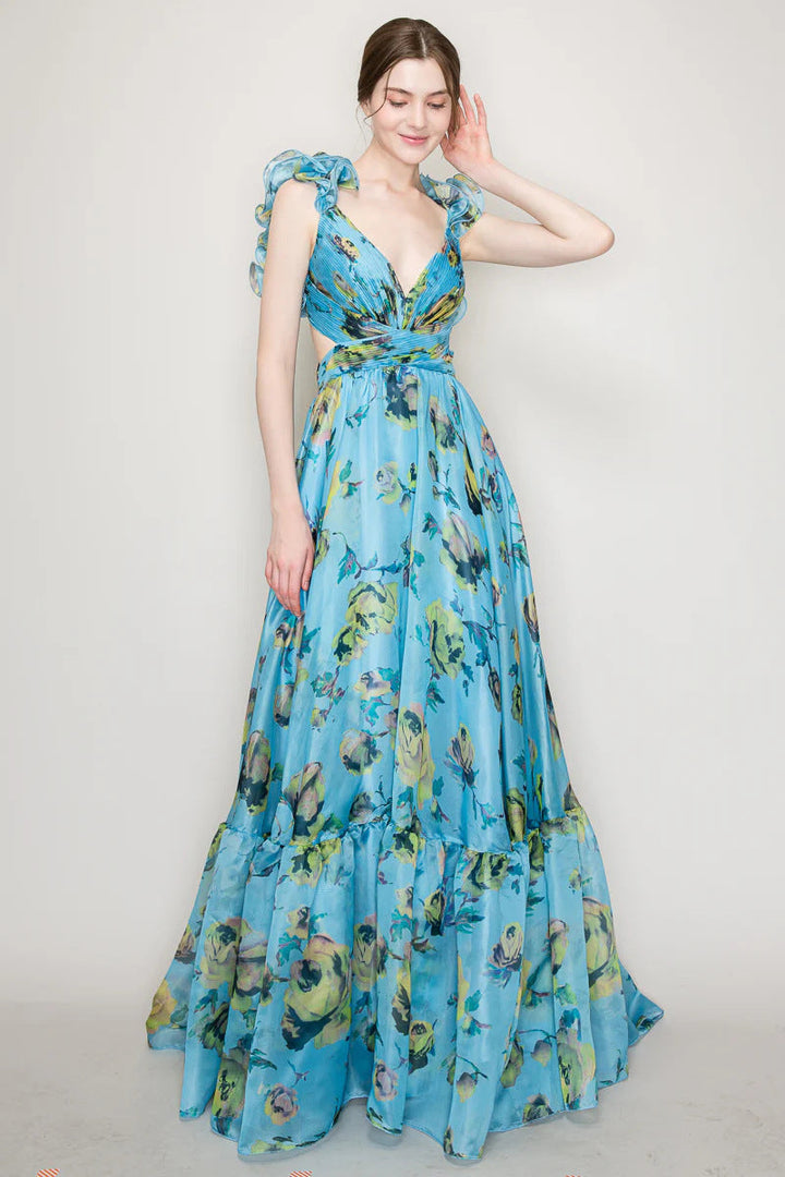 Damen Maxikleid mit luftigen Rüschendetails und ausgefallenem Wickeldesign Echoarchiv