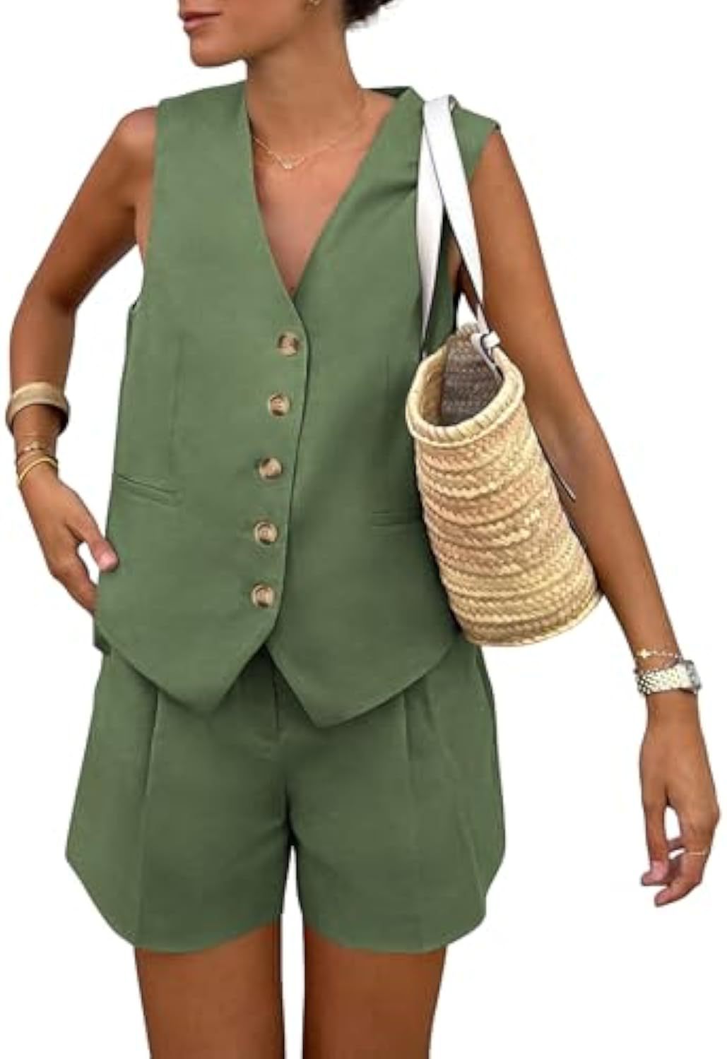 Damen elegantes Jumpsuit-Set mit tailliertem Schnitt und dekorativen Knopfdetails Echo Archiv