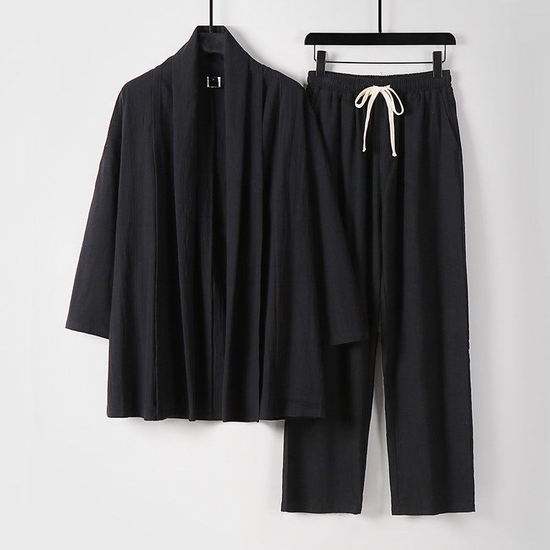 Unisex Lässiges Kimono-Zweiteiler aus atmungsaktivem Leinen-Viskose mit offenem Schalkragen und Kordelbundhose Echoarchiv