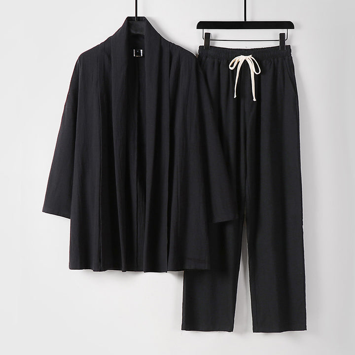 Unisex Lässiges Kimono-Zweiteiler aus atmungsaktivem Leinen-Viskose mit offenem Schalkragen und Kordelbundhose Echoarchiv