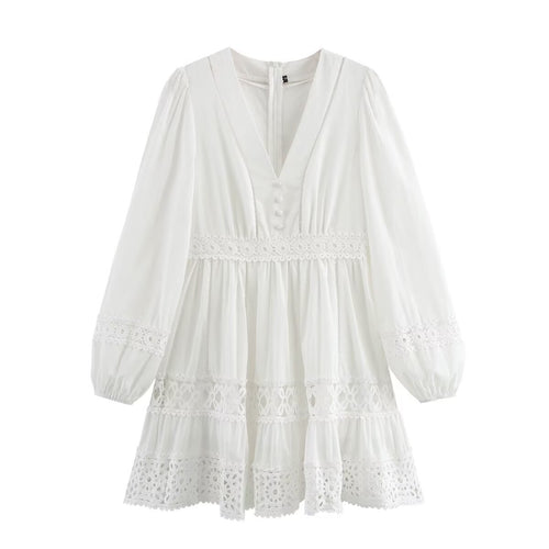 Damen Kurzes Boho-Kleid mit V‑Ausschnitt, Volantstufen und Häkelspitzen Echo Archiv