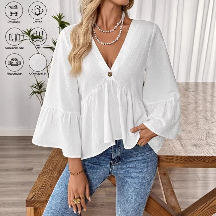 Damen nan elegante Empire-Bluse mit V-Ausschnitt, geraffter Brustnaht und Glockenärmeln Echo Archiv
