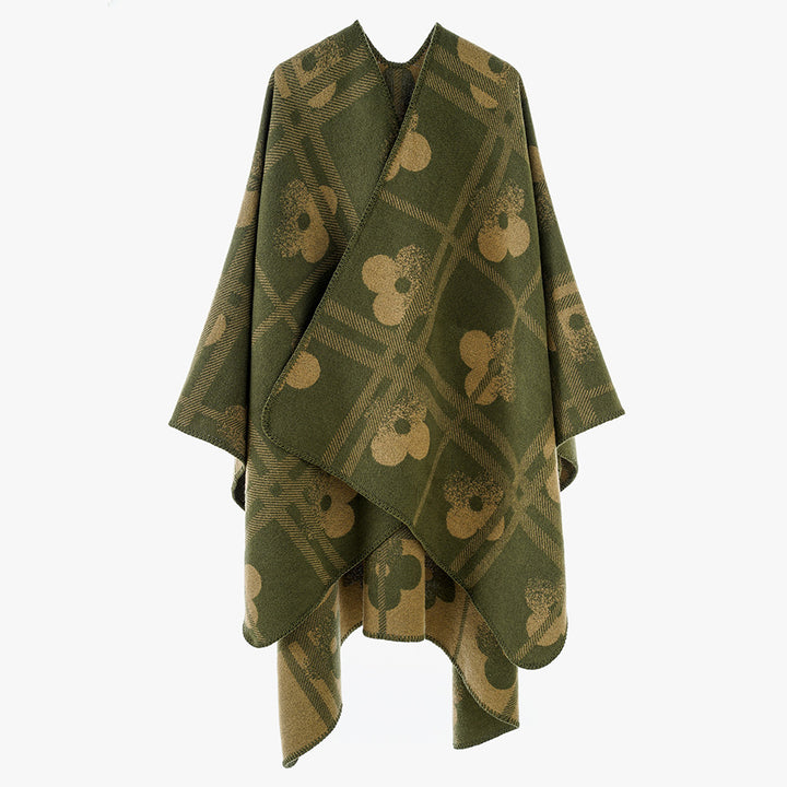 Damen Grobgewebter Deckenponcho im Ruana‑Schnitt mit floraler Karo‑Jacquard – Avérine