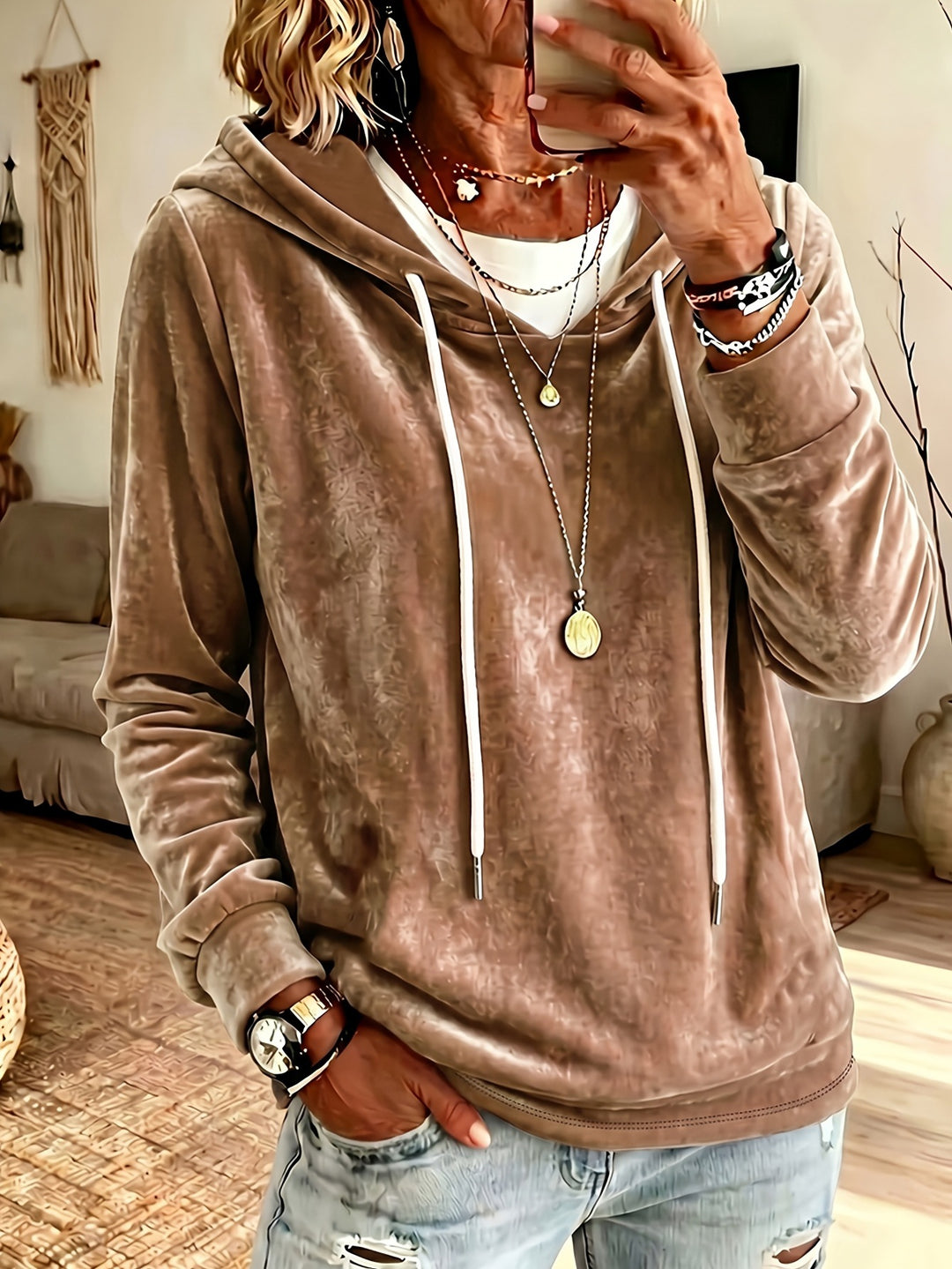 Damen Samt-Kapuzenpullover mit Relaxed-Fit und Kordelzug Echoarchiv