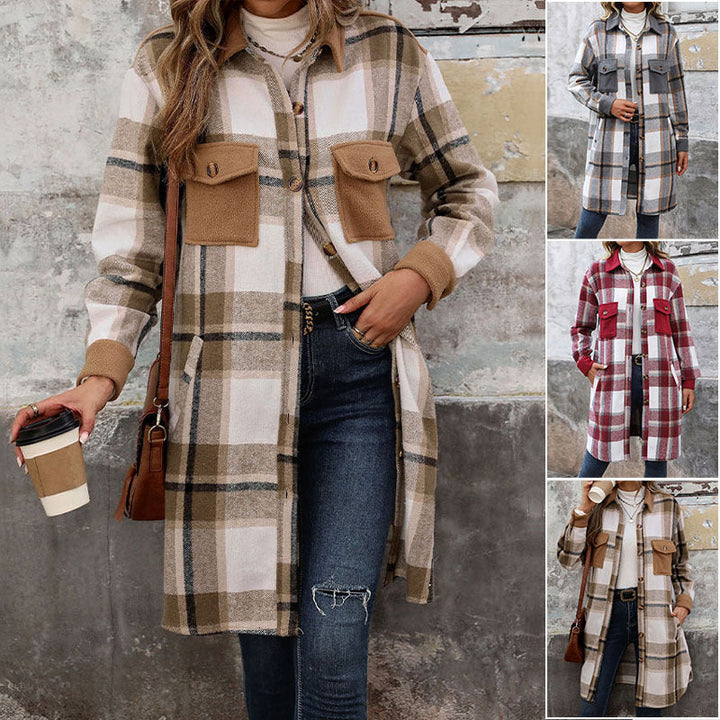 Damen Lange Überwurfjacke im karierten Flanell‑Look mit aufgesetzten Pattentaschen Echoarchiv