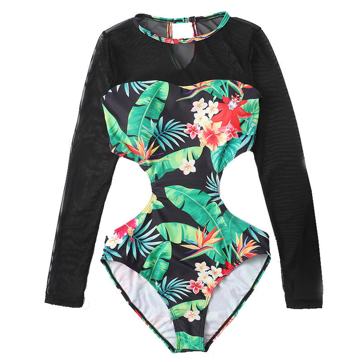 Damen Einteiler Badeanzug mit floralen Cut-Outs und transparenten Ärmel-Details Echo Archiv