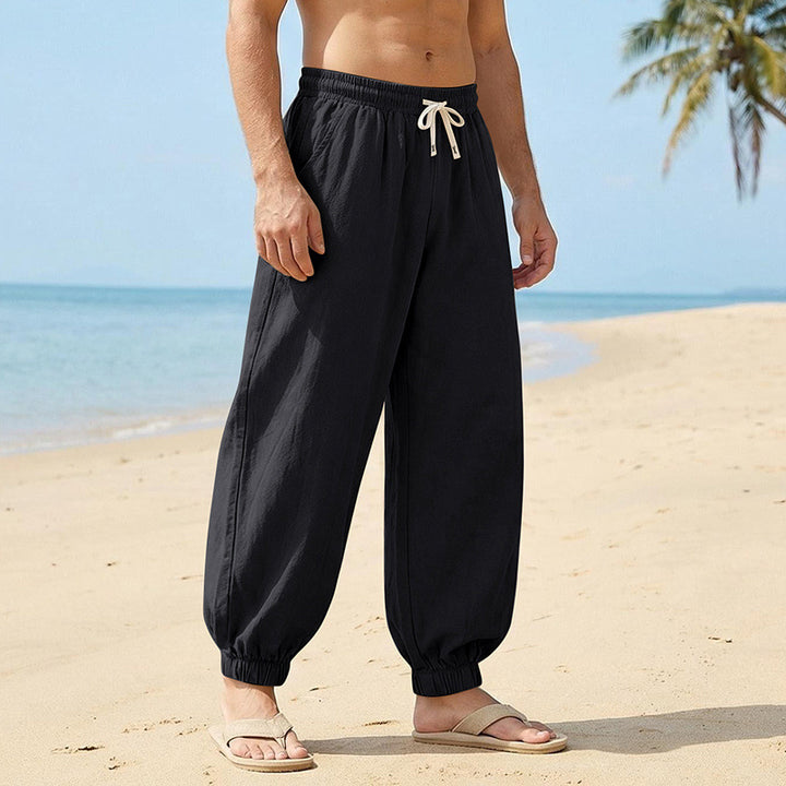 Herren Weite Leinenoptik-Strandhose mit Kordelzug, elastischem Bund und gerafften Beinabschlüssen – Sorevano