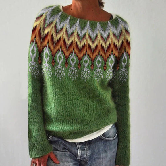 Damen nan gemusterter Norwegerstrickpullover mit weitem Rundhalsausschnitt und lässigem Oversize-Schnitt Echo Archiv