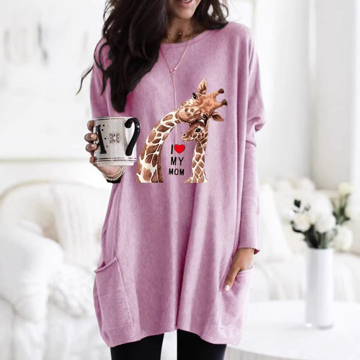 Frauen Übergroße Sweatkleid mit Giraffenmuster, Rundhalsausschnitt und Seitentaschen Echoarchiv