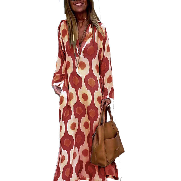 Damen Langes Boho-Maxikleid mit V-Ausschnitt, lockerem Schnitt und auffälligem Allover-Print – Valéora
