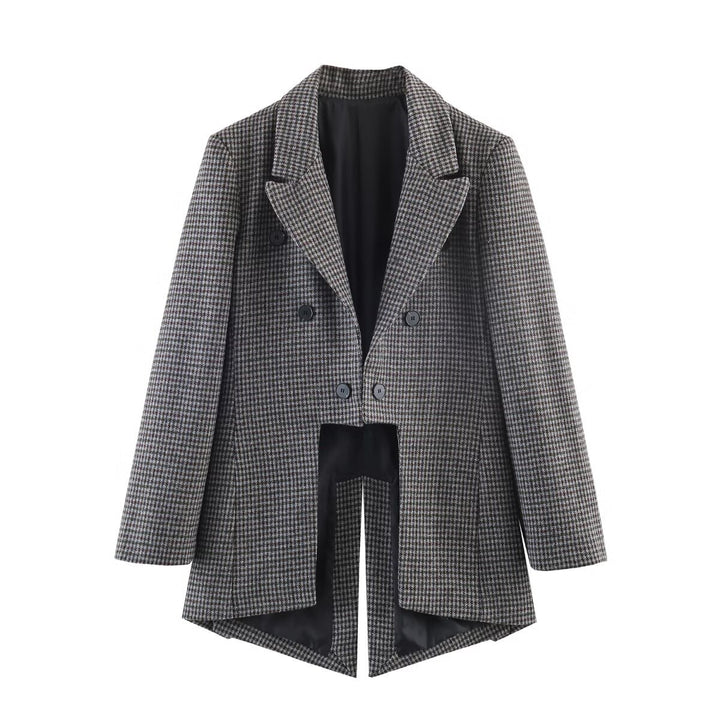 Damen Zweireihiger Hahnentritt-Blazer mit offenem Schlitz-Saum und taillierter Silhouette Echo Archiv
