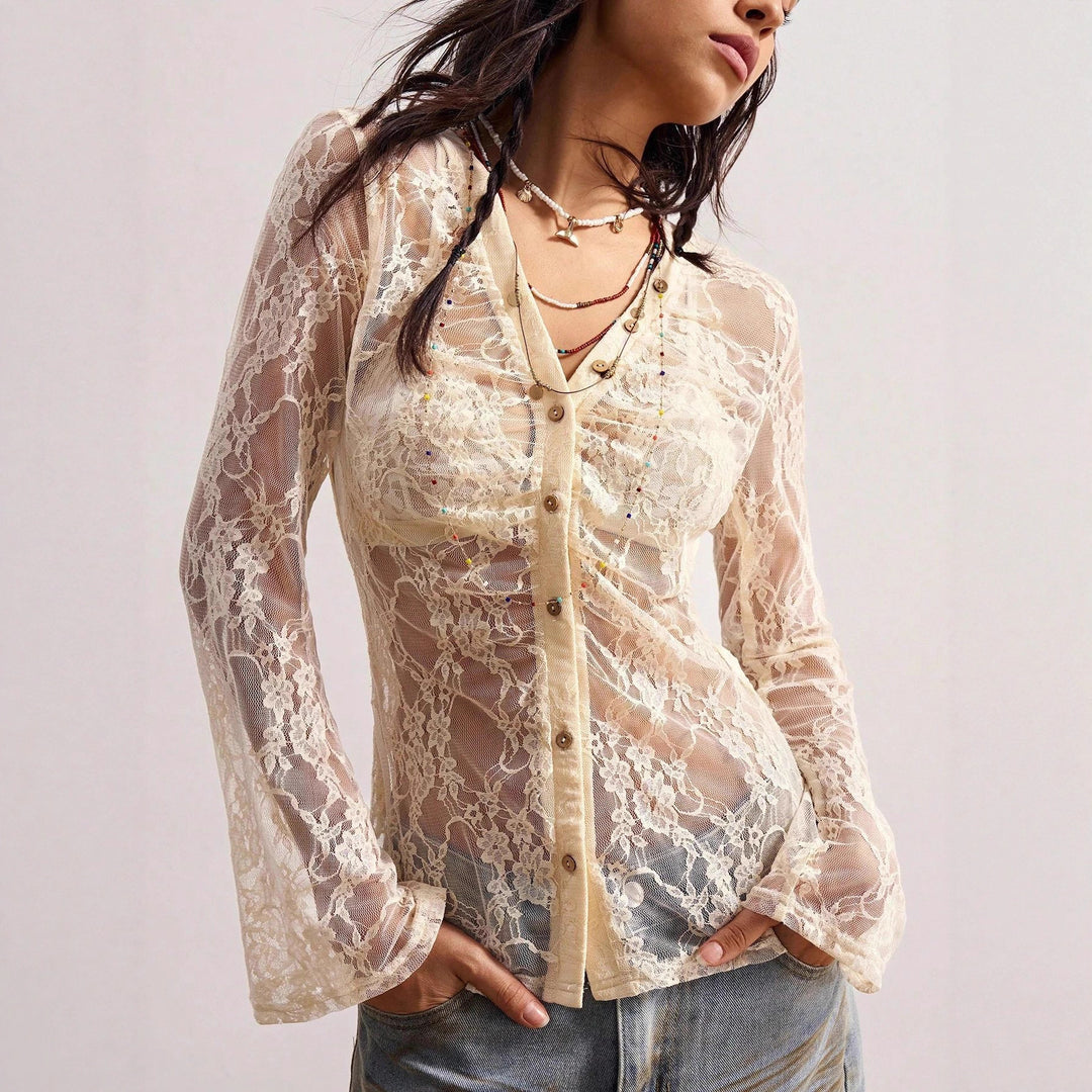 Damen nan zarte Spitzen-Cardigan mit taillierter Silhouette und Knopfleiste Echo Archiv