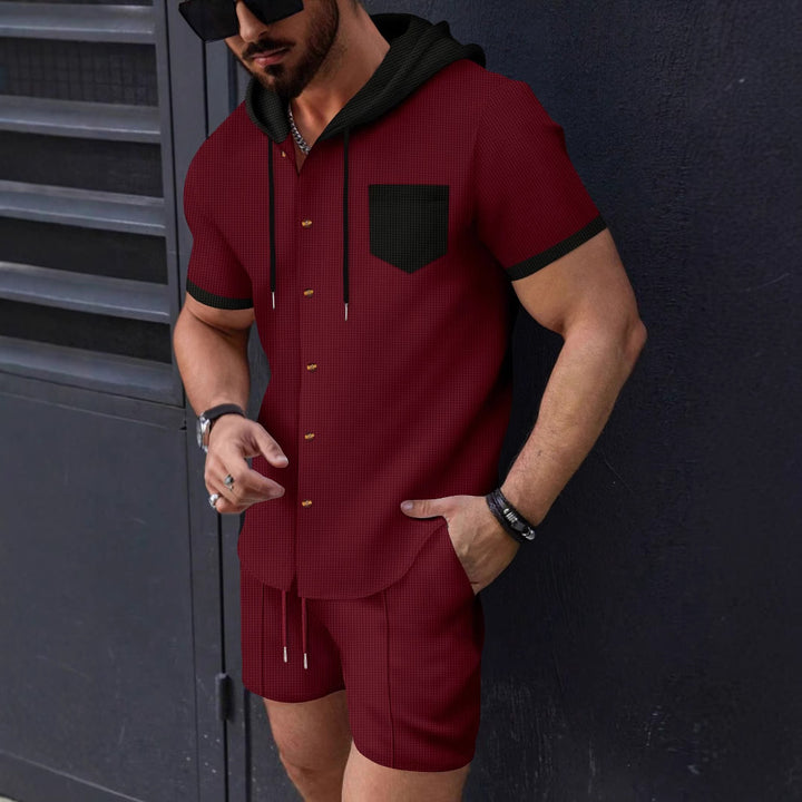 Herren lässiges Kurzarmhemd und Shorts-Set mit Kapuze und modischen Akzenten Echoarchiv