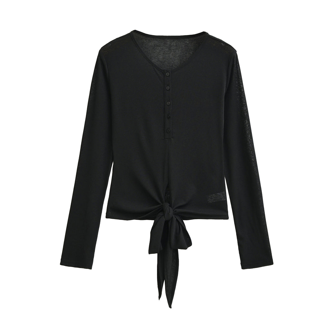 Damen Langarm-Henley-Top mit Knotenfront und Knopfleiste Echoarchiv