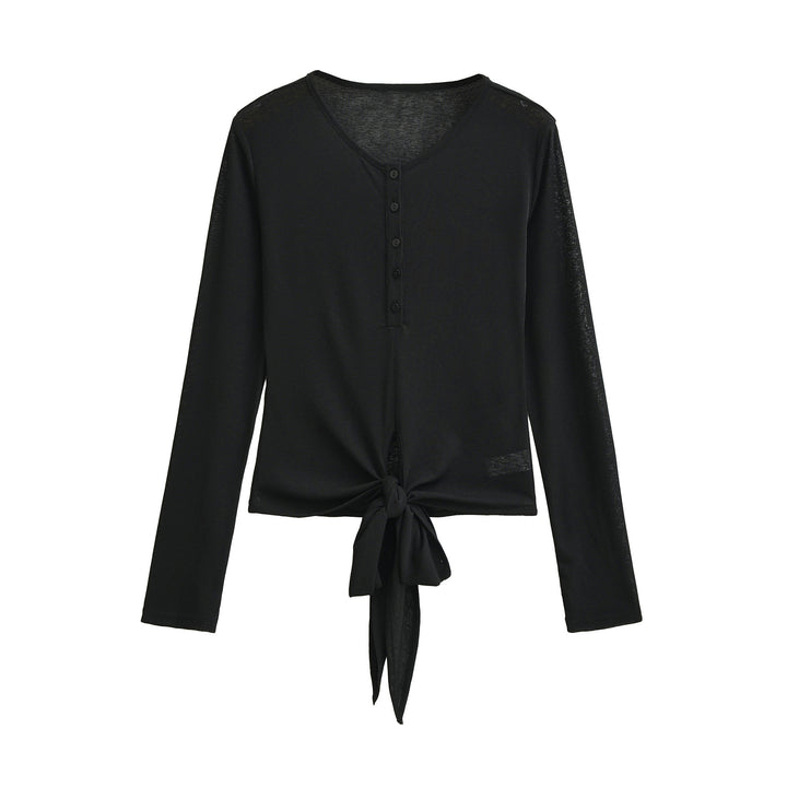 Damen Langarm-Henley-Top mit Knotenfront und Knopfleiste Echoarchiv