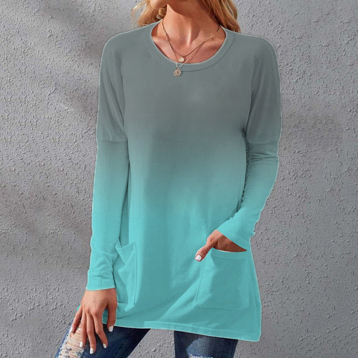 Damen Lange Ombre Tunika Bluse mit Rundhalsausschnitt und Eingrifftaschen – Élovi