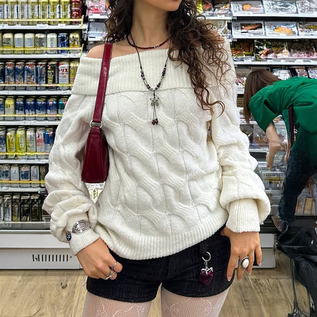 Damen schulterfreier Grobstrickpullover mit Zopfmuster, weitem Armaufschlag und elastischem Rippenbund – Mavelle