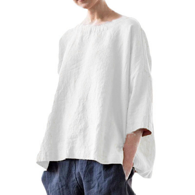 Damen Oversized Leinenbluse mit weitem Boxy‑Schnitt, U‑Boot‑Ausschnitt und 3/4‑Ärmeln Echo Archiv