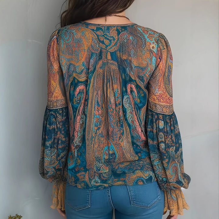 Damen Boho-Chic Bluse mit geflammten Ärmeln und V-Ausschnitt Echo Archiv