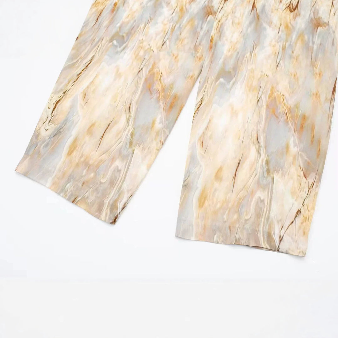Damen weite Palazzo-Hose mit hohem Bund und marmoriertem Druck – Avélisse